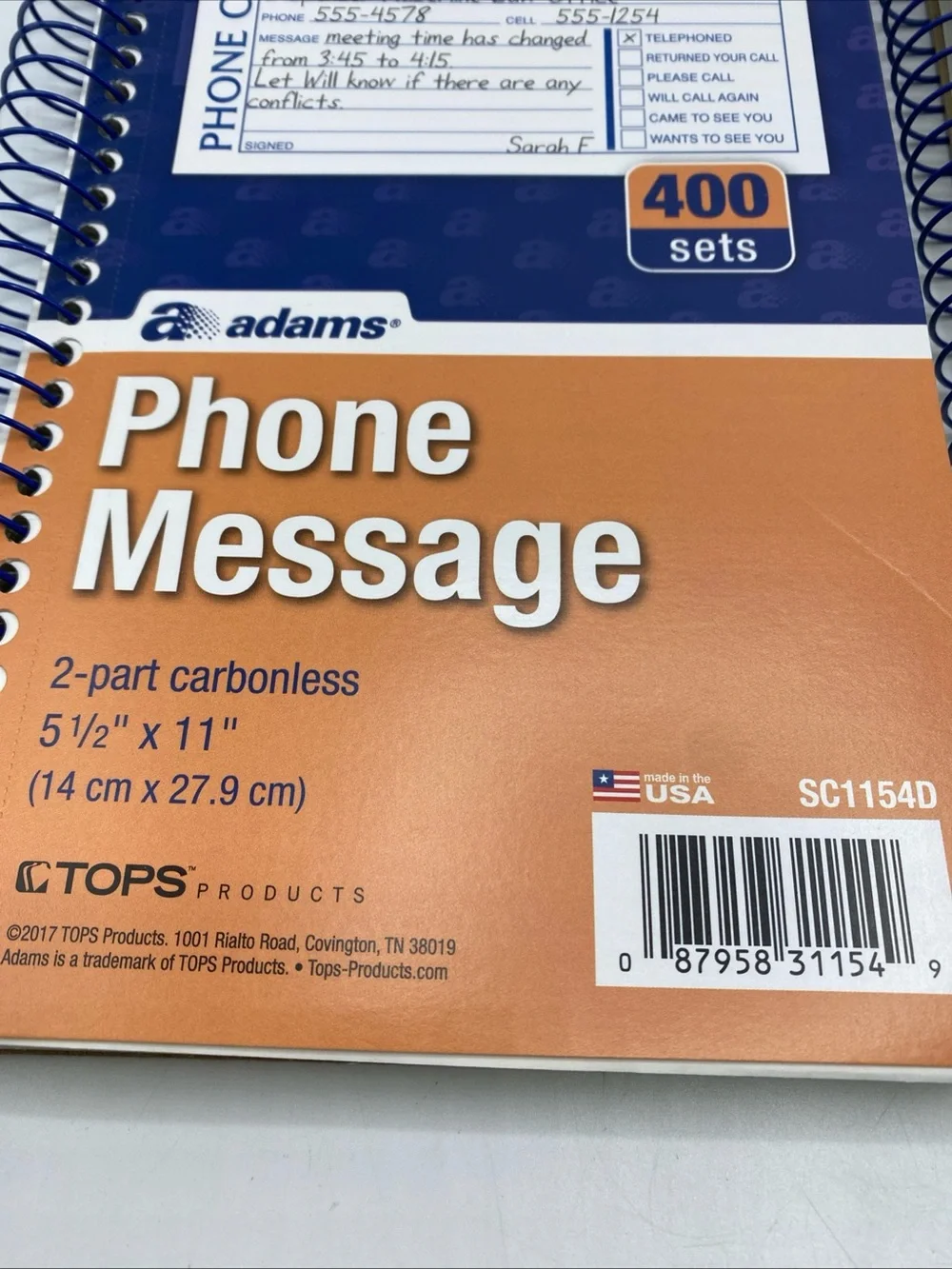 Message Book Phone Call Carbonless Duplicate 5.5x11” 3 Pack Adam’s SC1154D